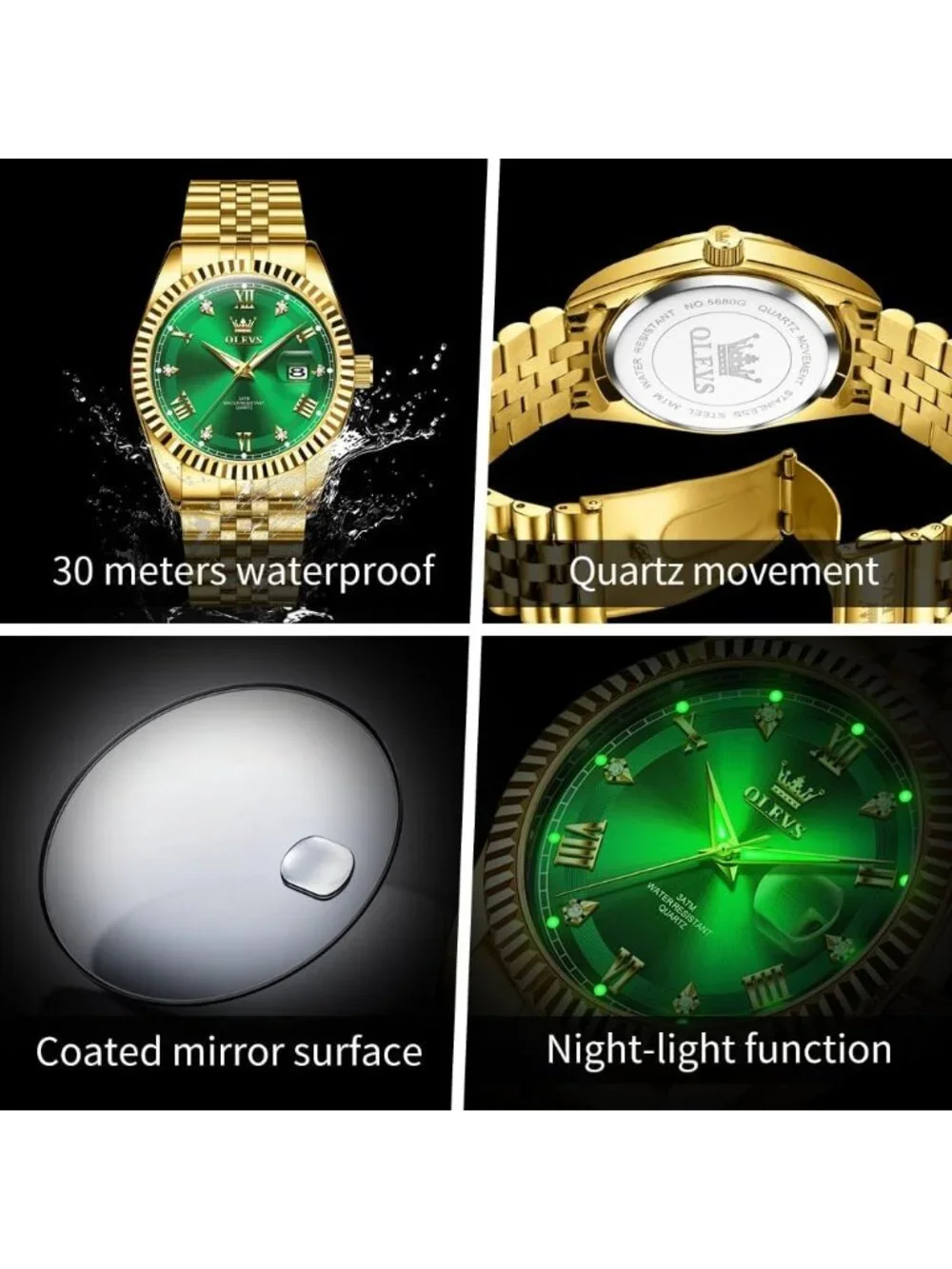 Men's Green Two Tone Diamond Classic Analog Stainless Steel Waterproof Watch
